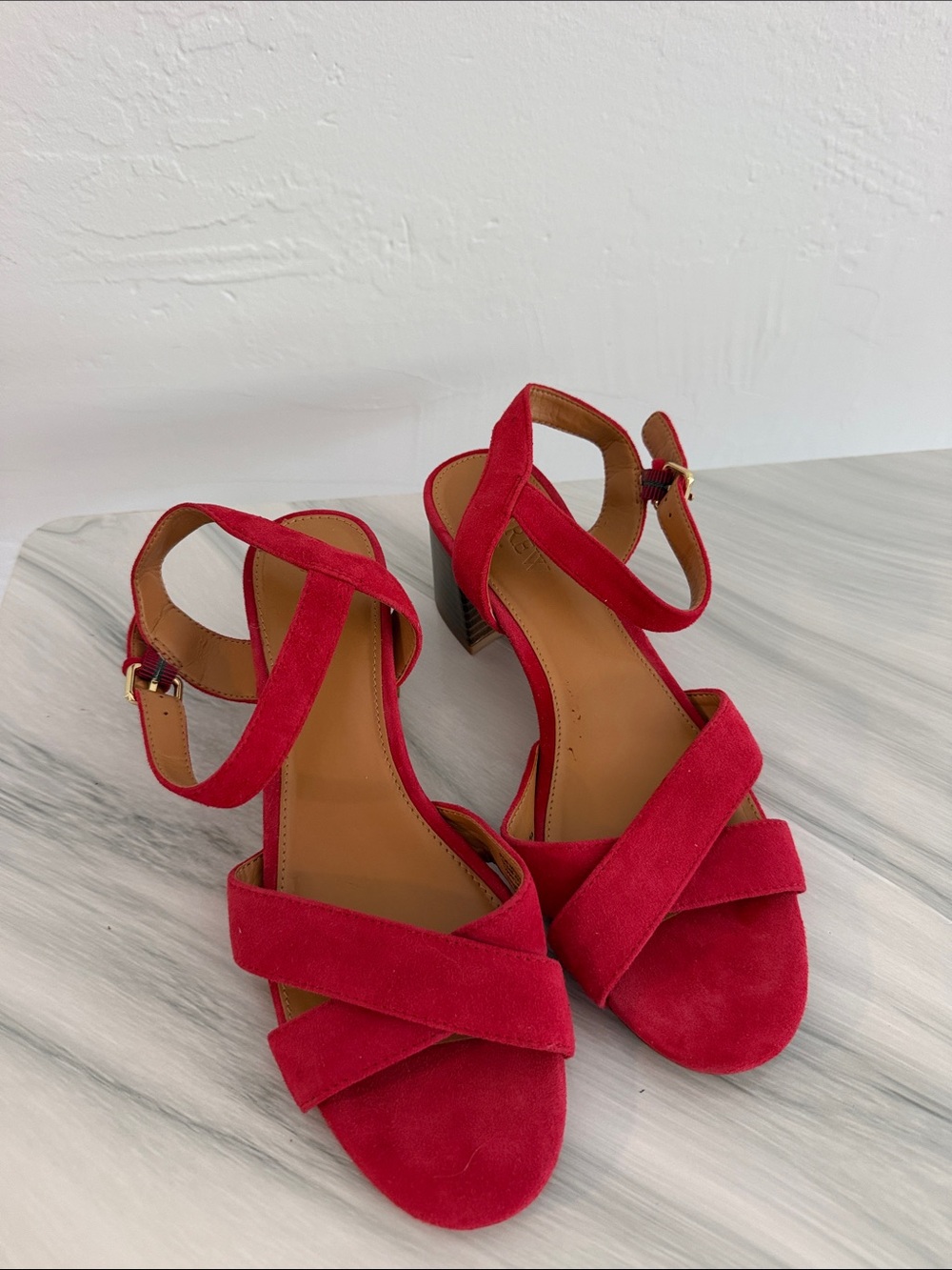 J. Crew Red Suede Crisscross Ankle-Strap Heels